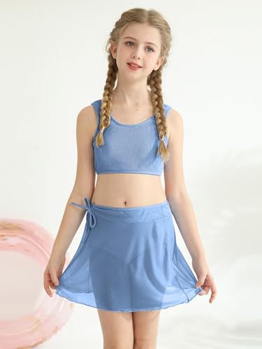 Girls Ribbed 2-Piece Swimsuit with Skirt - Gray Blue / 11-12 Years