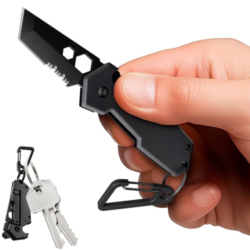 Mini Keychain Knife with Carabiner - 1.3" Tanto Serrated Blade - Black