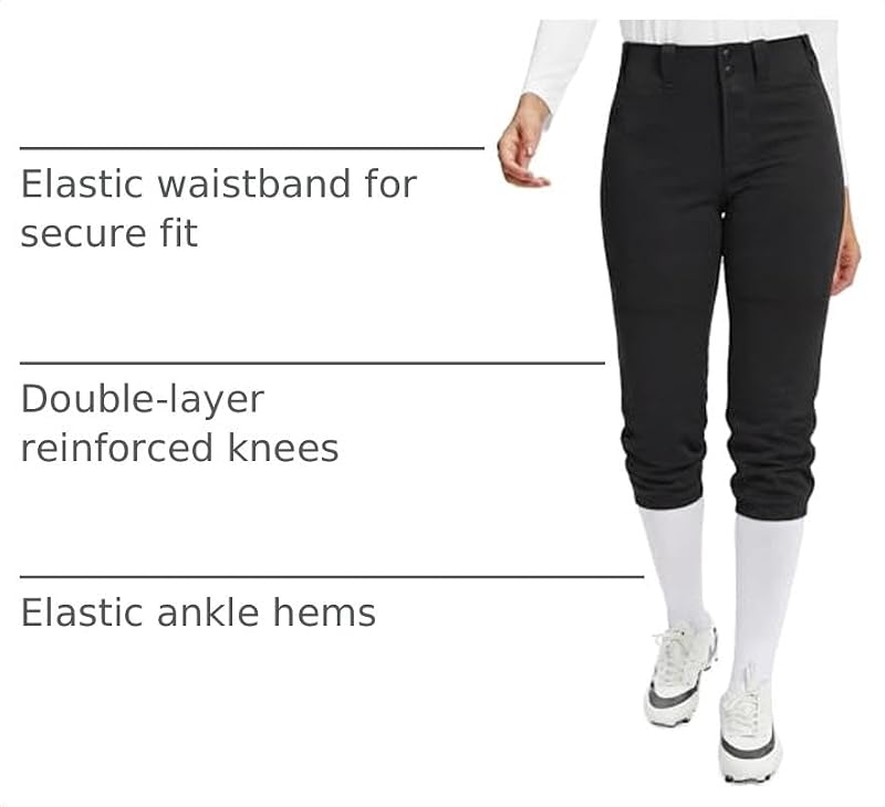 Stelle Womens Fastpitch Softball Pants Knee-High Knickers with Pocket, Regular 18.5-20.5'' inseam, Black, Medium