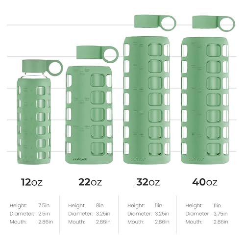 Purifyou 12oz Shale Green Borosilicate Glass Water Bottle with Time & Volume Markers, Silicone Sleeve, Stainless Steel Lid