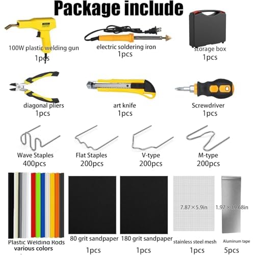Plastic Welder, 2 in 1 Plastic Welding Kit, SONNLER 1000PCS Hot Stapler Plastic Repair Kit For Car Bumper Crack Repair with Iron, Rods, Metal Mesh, Abrasive Paper, Aluminum Tape