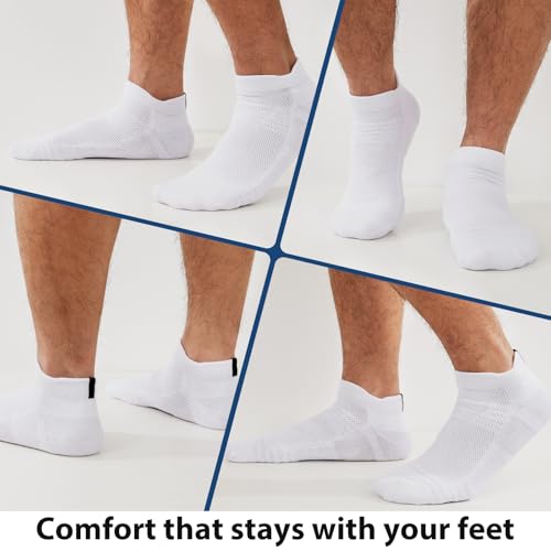 JOYZOO Men's Running Ankle Socks 9-12, White, Breathable Cushioned Low Cut Sports Tab Socks, 6 Pairs