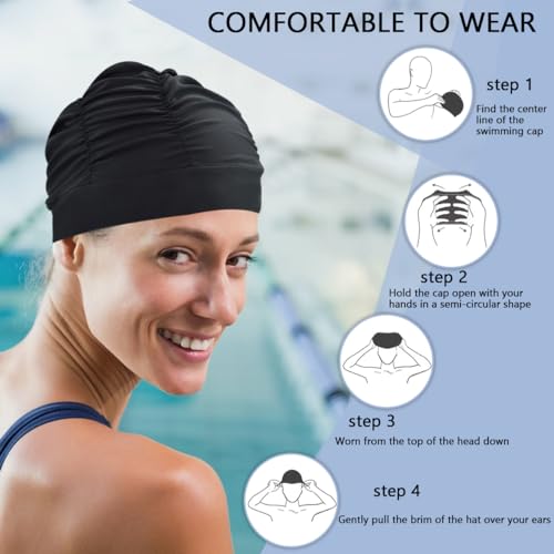 Colorful Pleated Nylon Swim Cap for Long Hair - Black
