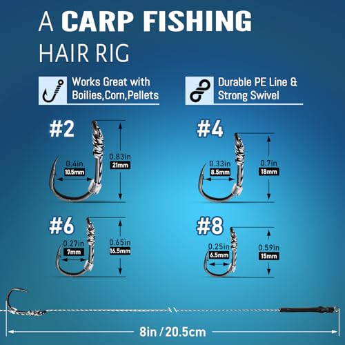 Vipfish 24 Pack Pre-Tied Carp Rigs with Sharp Hooks, Swivel & PE Line – #2, Ready-to-Fish