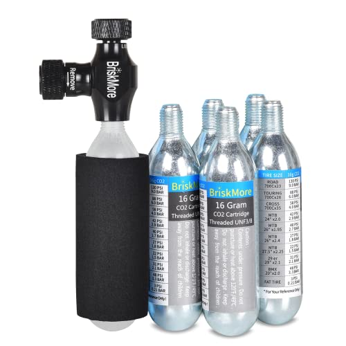 BriskMore CO2 Inflator Kit with 5 x 16g Cartridges for Bike Tires, Presta & Schrader Compatible