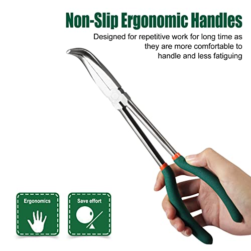 SPEEDWOX Long Reach Bent Nose Pliers 10 Inches 90 Degree Intermeshed Teeth Precision Fine Pliers for Hard to Reach Narrow Spaces High Leverage Reduce Efforts Non-slip Handle