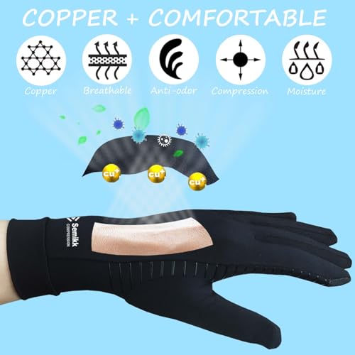 Semikk Medium Black Copper Compression Arthritis Gloves 2 Pairs Touch Screen Support