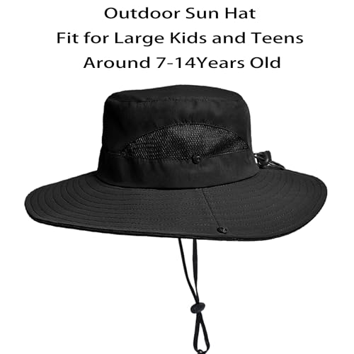 Kids' Wide-Brim Mesh Sun Hat for Safari and Fishing - Black, 7-14 Years