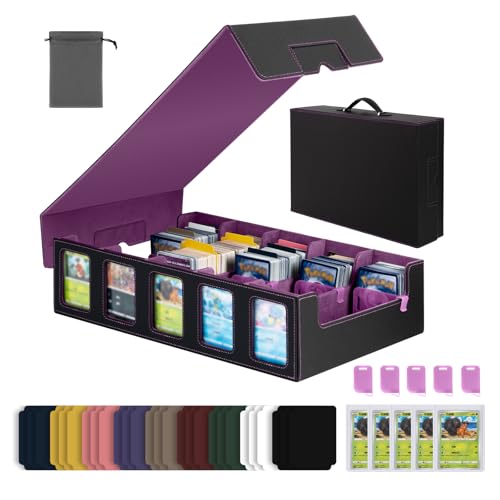 Gvirtcoz Trading Card Storage Box 4000+ Cards with 48 Dividers, Removable Lid, Handle – Black & Purple