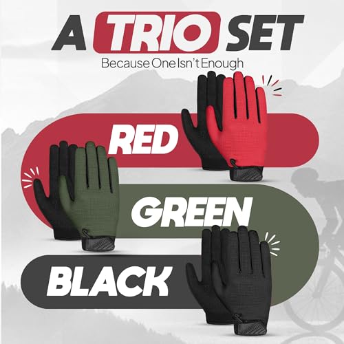 Kids Cycling Gloves Pack of 3 - Youth Motorcycle & BMX Gloves, Small Army Green/Black/Red