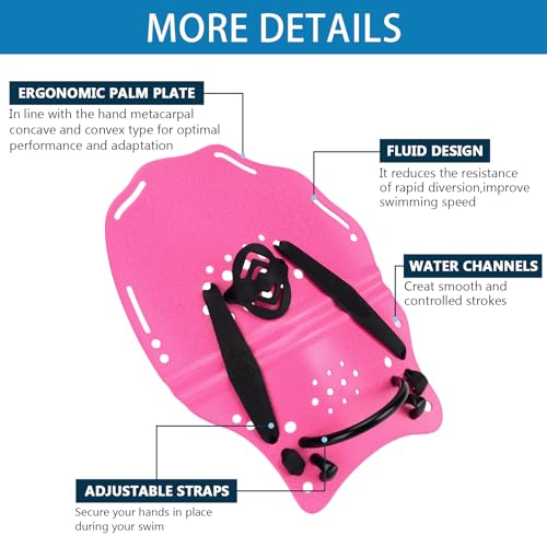 Swim Hand Paddles for Training - Adjustable Straps, Medium Pink