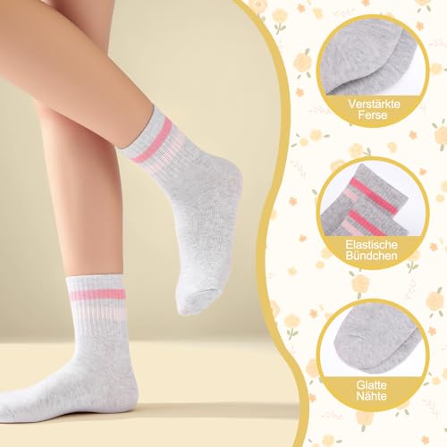 Kids Athletic Socks - 6 Pairs Crew Cotton Socks, Hearts & Stripes, Ages 6-8