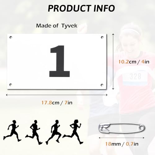 Running Bib Numbers 1-50 - Waterproof Tyvek Paper Tags with Safety Pins - Black & White