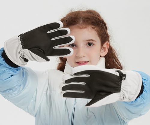 Kids Winter Ski Gloves - Windproof Water-Resistant Thermal - Off-White
