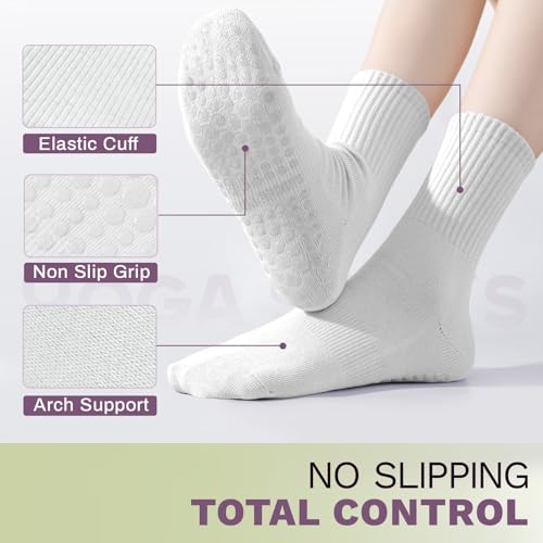 Non-Slip Pilates Socks with Grips for Women - 3 Pairs, White