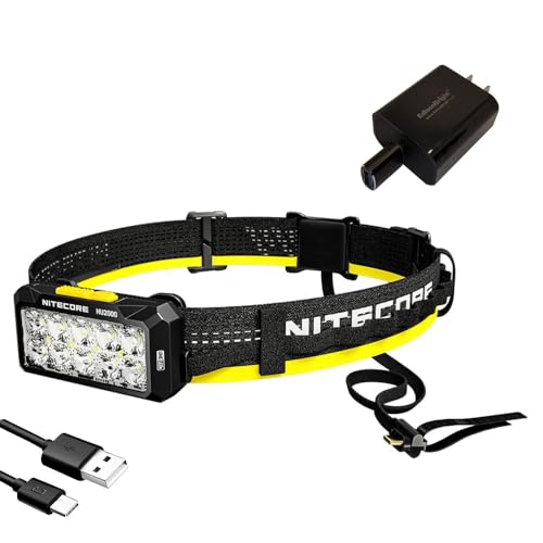 EdisonBright Nitecore HU2000 2000 Lumen Rechargeable Headlamp with Red & White LEDs, USB-C Power Adapter Bundle
