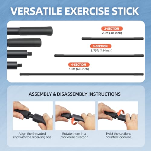 Adjustable Foam-Sleeved Yoga Stick - 30/45/60 in, Portable Fitness Tool
