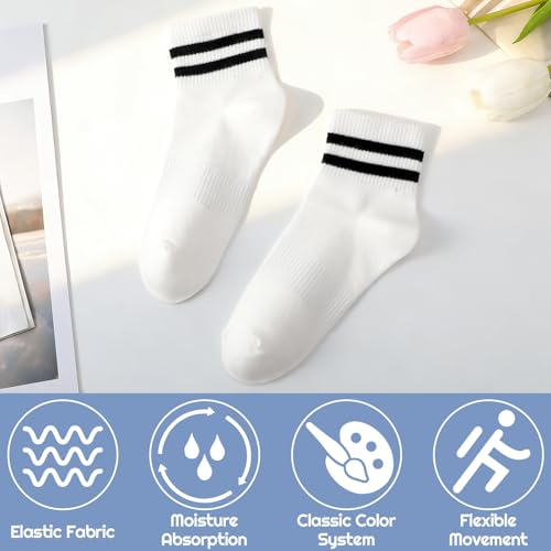 Women's White Crew Socks 6 Pairs - Casual Striped Trim, Breathable Cotton Blend, One Size
