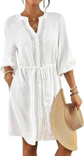 Bsubseach Women's Large White V-Neck Swimsuit Coverup Beach Dress