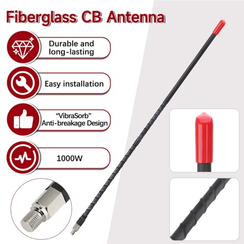 Heavy Duty 2' Fiberglass CB Radio Antenna - Black 27MHz Vehicle Truck Car Kit - 1000W 2 Foot Variation