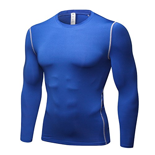 Men's Long Sleeve Compression Shirt - Thermal Workout Top - Large Blue