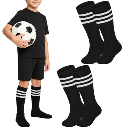 Kids Athletic Knee High Soccer Socks - 2 Pack A-Black (6-10 Years)