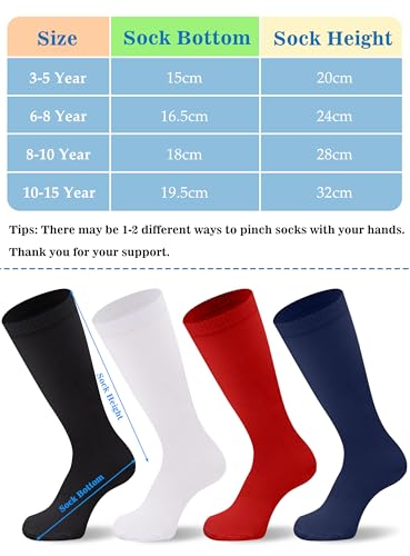 Duufin 8-Pair Youth Knee-High Socks – Soccer, Baseball & Football Team Color Combo (8-10 Years, Black/White/Red/Navy)