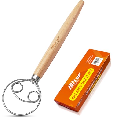 Danish Dough Whisk - Stainless Steel Bread Mixer with Wooden Handle - Double Eye