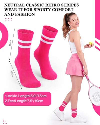 Syhood Unisex Crew Socks - 4 Pairs Casual Athletic Socks in Hot Pink & White