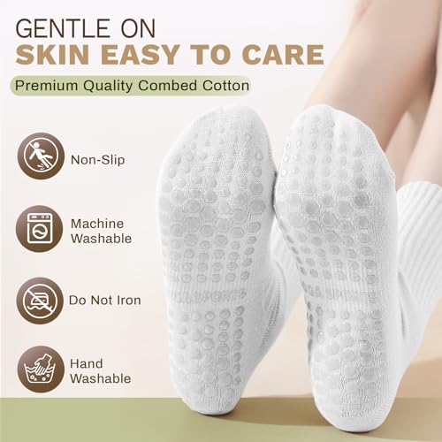 Non-Slip Grip Pilates Socks for Women - 3 Pairs, Black, White, Camel