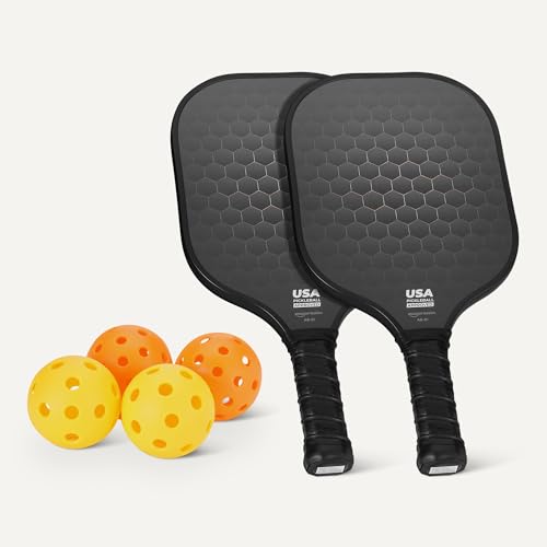 Pickleball Paddle Set - 2 USAPA Approved Black Carbon Fiber Paddles with 4 Balls & Carry Bag