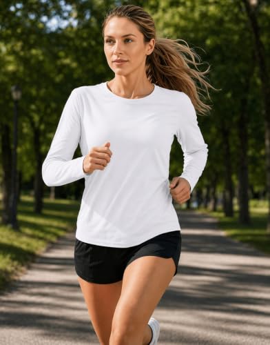PINSPARK Women's Long Sleeve Athletic Workout Top - White, Large, Slightly Sheer