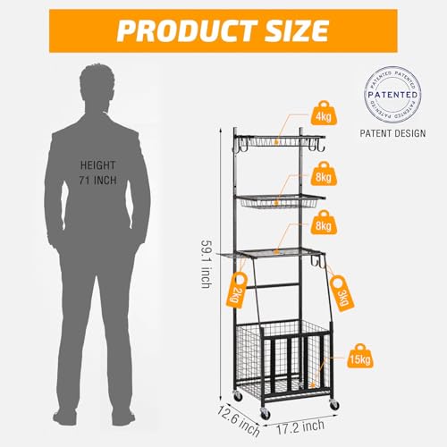 Vertical Sports Equipment Storage Rack with Hooks and Baskets