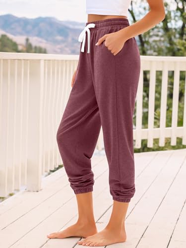 AUTOMET Women's High Waisted Lounge Sweatpants Jogger Pants with Pockets - Large Wine Red