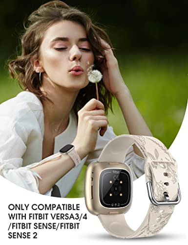 Minyee Floral Silicone Band for Fitbit Versa 4/3 & Sense 2 - Starlight & Brown, Sunflower & Dandelion Design, Soft Sport Strap for Women