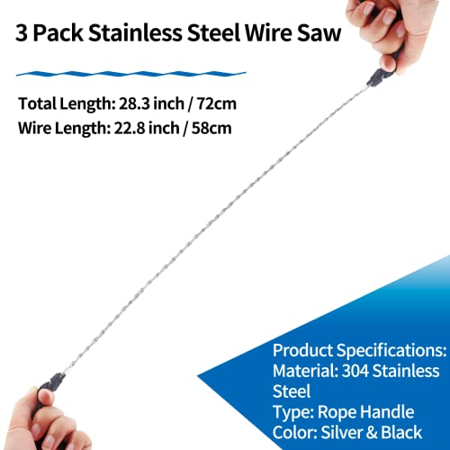 3-Pack Stainless Steel Wire Saw - 28-inch Portable Rope Handle Saw