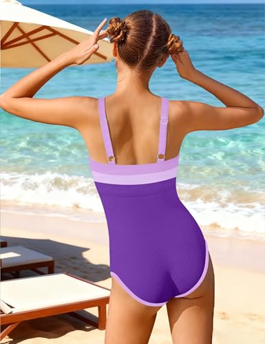 Girls Color Block One Piece Swimsuit - Adjustable Straps, Purple, 11-12 Years