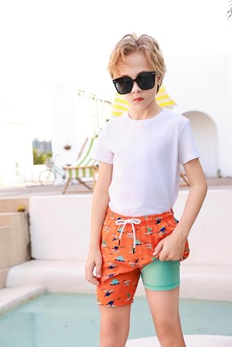 Toddler Boys Swim Trunks with Quick Dry Compression Liner - Boating Dinosaur 14-16