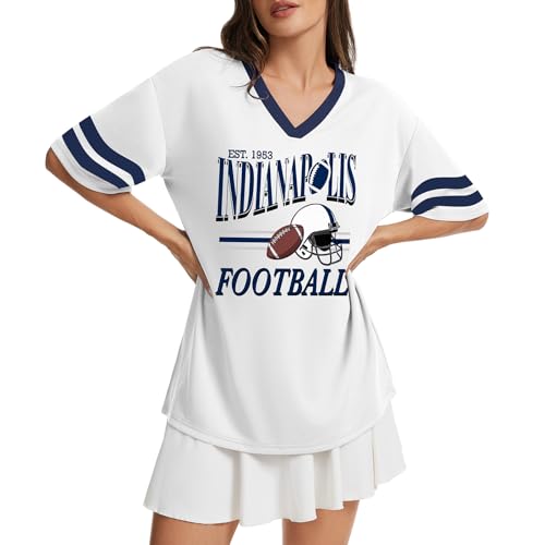 Football Team Graphic T-Shirt for Women - Oversized V Neck - Medium White