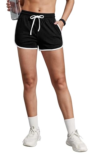 Womens Athletic Running Shorts - Color Block Dolphin with Pockets - Black, Medium