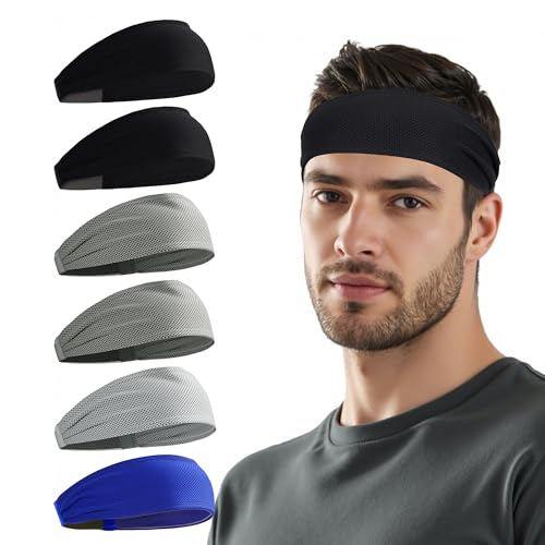 Sukeen Cooling Headbands for Men 6-Pack - Moisture-Wicking Sweatbands for Sports & Fitness, Black, Gray & Blue