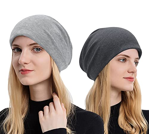 Senker Fashion Large Grey & Navy Cotton Slouchy Beanie Hat for Men & Women