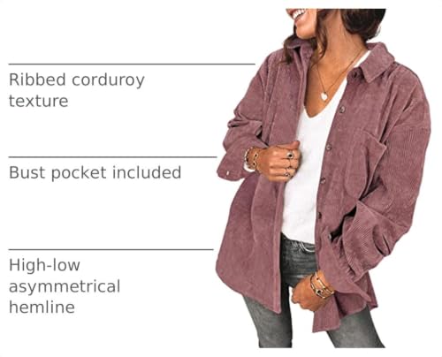 Saslax Women's Oversized Lightweight Corduroy Shacket Jacket - Medium Mauve