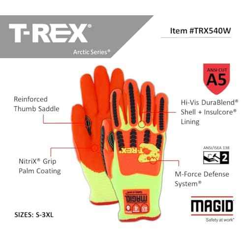 MAGID T-REX Arctic Series ANSI A5 Cut-Resistance, Thermal Impact Gloves, 1 Pair, Waterproof, Hi-Viz Yellow/Orange, Size 8/Medium