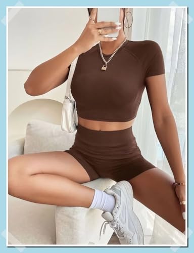 5" High Waist Biker Shorts for Women - Compression Spandex, Coffee, Large-X-Large