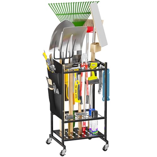 SUFAUY Garden Tool Organizer, Rolling Heavy-Duty Garage Tool Stand, Yard Storage Rack with Casters and Hooks, Black