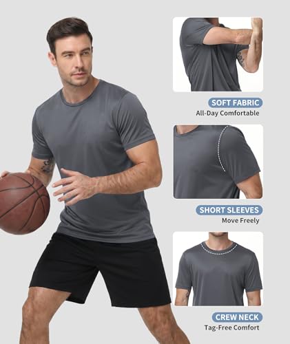 7 Pack Men's Quick Dry Athletic T-Shirts - Large, Red, Green, Grey, Blue, Neon Green, Dark Grey