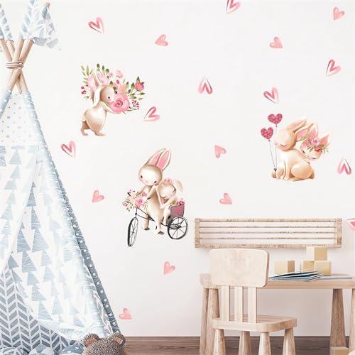 Cute Pink Bunny Love Pattern Wall Stickers, sacinora Little Rabbit Cartoon Animal DIY Wall Decals Removable Vinyl Peel and Stick for Kids Baby Girl Nursery Bedroom Toddler Room Kindergarten Decoration
