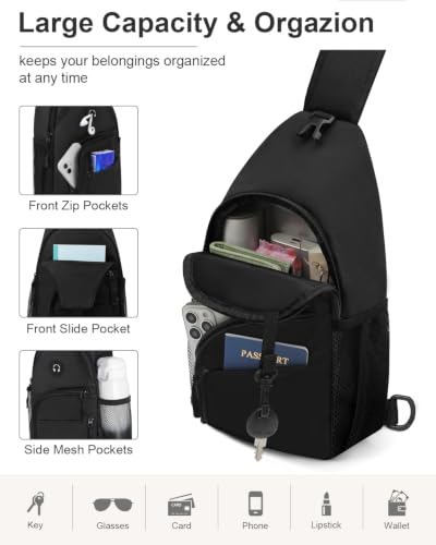 Pritent Medium Black Crossbody Sling Backpack for Women & Men