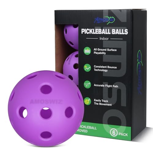 Purple USAPA Approved Indoor Pickleball Balls 6 Pack - 26 Holes, Durable & High Visibility
